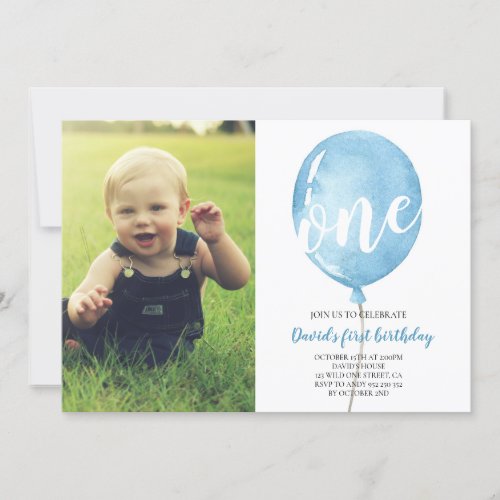 Boy First Birthday with Photo Blue Balloon Invitation