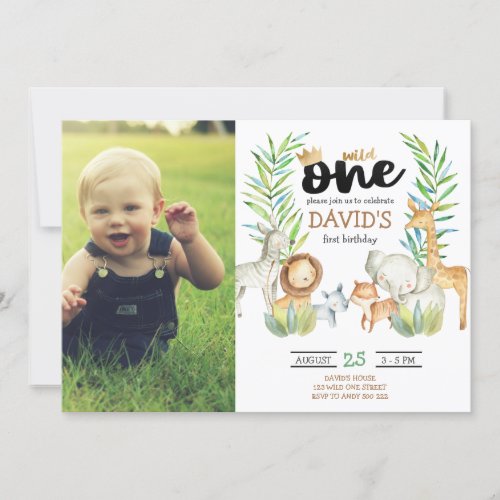 Boy First Birthday with Photo Safari Wild One Invitation