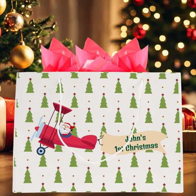 Boy First Christmas Airplane & Santa Custom Large Gift Bag (Creator Uploaded)