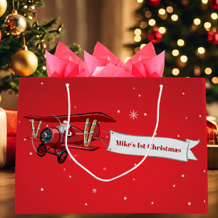 Boy First Christmas Airplane & Santa Custom Large Gift Bag