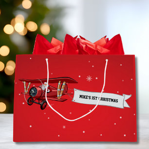 Boy First Christmas Airplane & Santa Custom Large Gift Bag