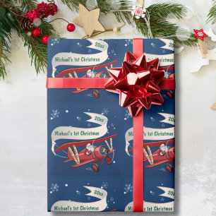 Boy First Christmas Airplane Santa Flying Custom Wrapping Paper