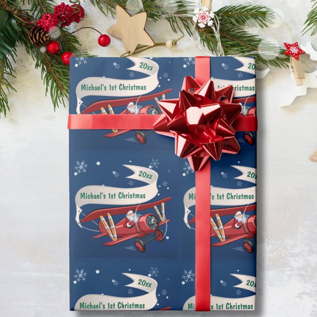 Boy First Christmas Airplane Santa Flying Custom Wrapping Paper (Creator Uploaded)