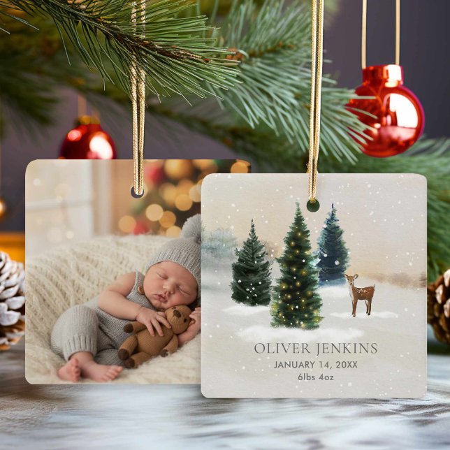 Boy First Christmas Birth Stats Woodland Photo Ceramic Ornament (Rustic Forest Woodland Birth Stats with Photo Ornament)