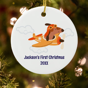 Boy First Christmas Dog Pilot Airplane Cloud Funny Ceramic Ornament