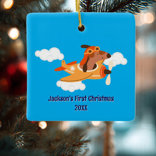 Boy First Christmas Dog Pilot Airplane Cloud Funny Ceramic Ornament