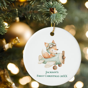 Boy First Christmas Fox Pilot Airplane Aviation Ceramic Ornament