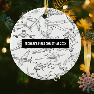 Boy First Christmas Hand Drawn Airplanes Aviation Ceramic Ornament