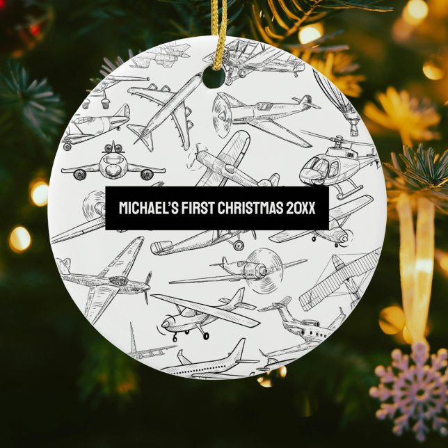 Boy First Christmas Hand Drawn Airplanes Aviation  Ceramic Ornament (Creator Uploaded)
