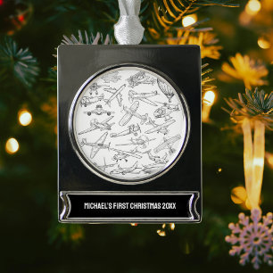 Boy First Christmas Hand Drawn Airplanes Aviation Silver Plated Banner Ornament