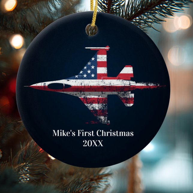Boy First Christmas Jet Fighter US Airplane Custom Ceramic Ornament (Creator Uploaded)