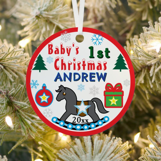 Boy First Christmas PHOTO Gray Horse  Metal Ornament (Insitu)
