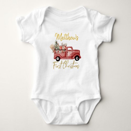 Boy First Christmas Red Truck Baby Bodysuit