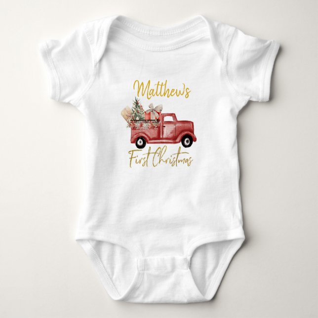 Boy First Christmas Red Truck Baby Bodysuit (Front)
