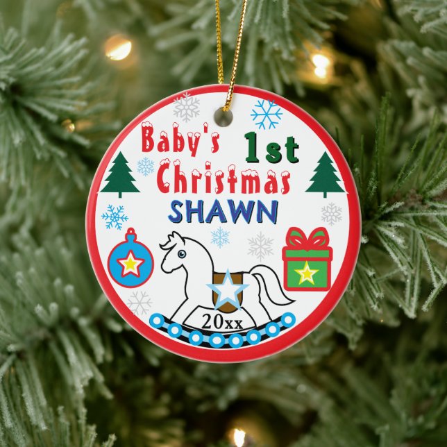 Boy First Christmas White Horse Peace Ceramic Ornament (Tree)