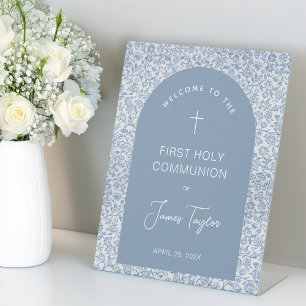 Boy First Communion Arch Blue White Floral Welcome Pedestal Sign