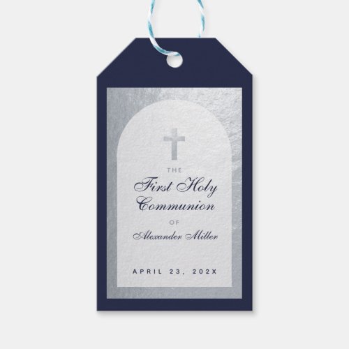 Boy First Communion Arch Navy Blue Faux Silver  Gift Tags