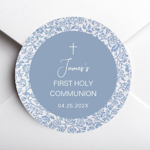 Boy First Communion Blue and White Floral Pattern  Classic Round Sticker