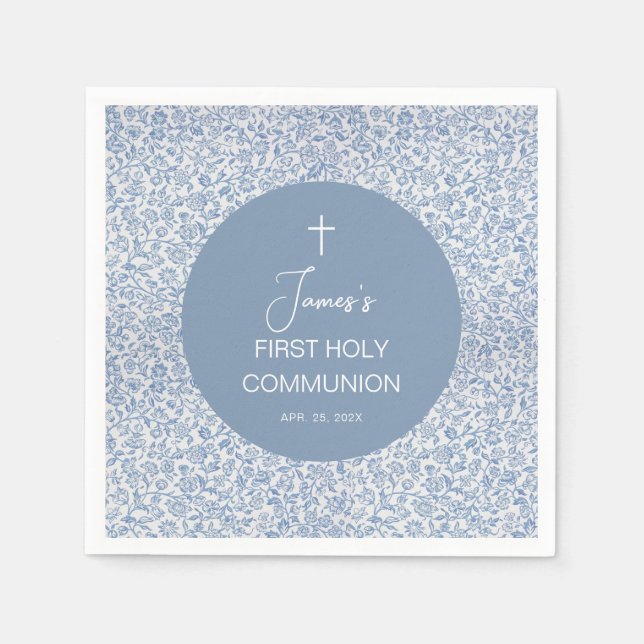 Boy First Communion Blue and White Floral Pattern Napkins (Front)