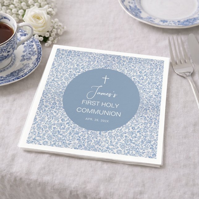 Boy First Communion Blue and White Floral Pattern Napkins (Creator Uploaded)
