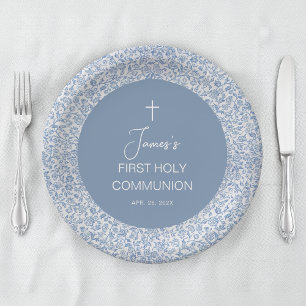 Boy First Communion Blue and White Floral Pattern Paper Plates