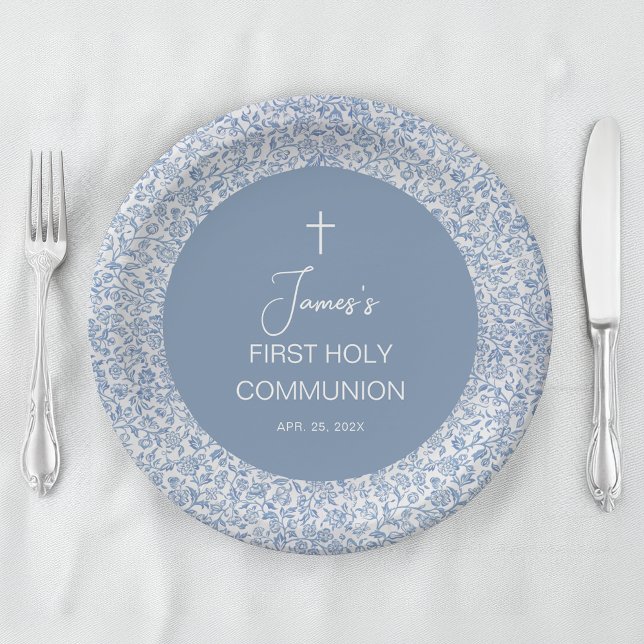 Boy First Communion Blue and White Floral Pattern Paper Plates (Creator Uploaded)