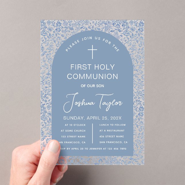 Boy First Communion Blue Arch Floral Pattern  Acrylic Invitations (Insitu (Handheld))
