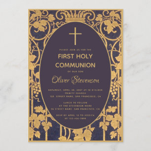 Boy First Communion Blue Elegant Gold Vines Grapes Invitation