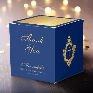Boy First Communion Blue Faux Gold Crest Thank You Favor Boxes