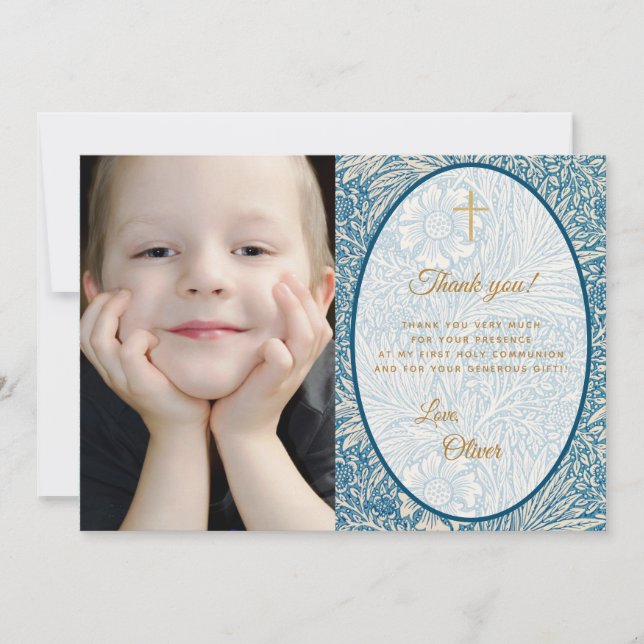 Boy First Communion Blue Floral Gold Photo Thank You Card (Front)