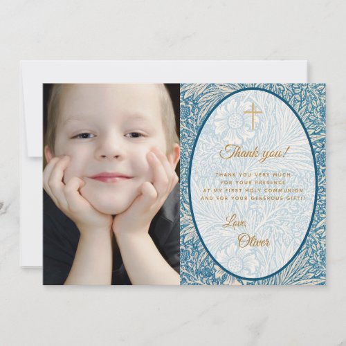 Boy First Communion Blue Floral Gold Photo Thank You Card