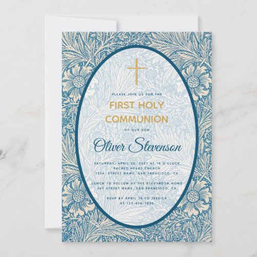 Boy First Communion Blue Floral Marigold Morris Invitation