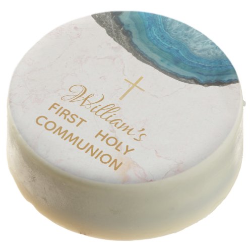 Boy First Communion Blue Geode Marble Gold Cross Chocolate Covered Oreo