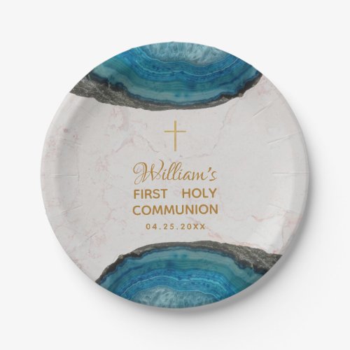 Boy First Communion Blue Geode Marble Gold Cross Paper Plates