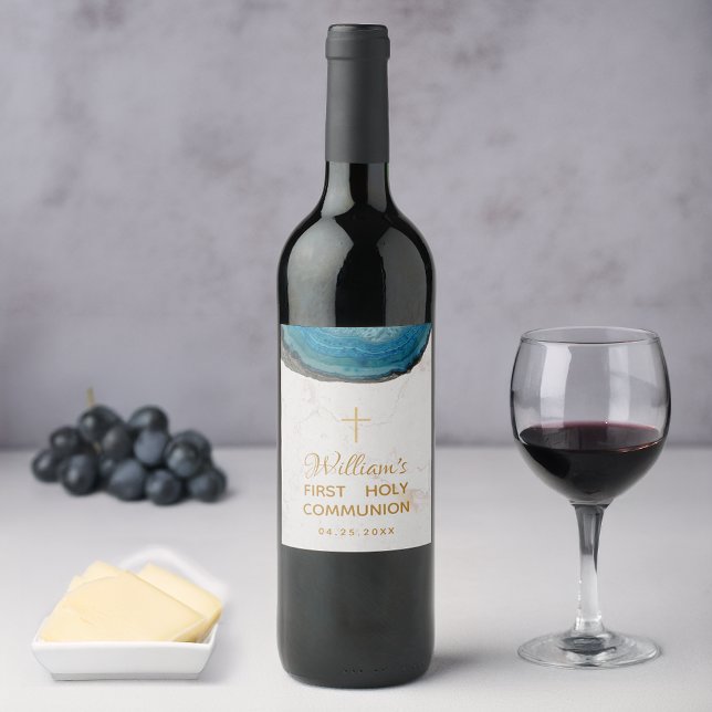 Boy First Communion Blue Geode Marble Gold Cross Wine Label (Creator Uploaded)