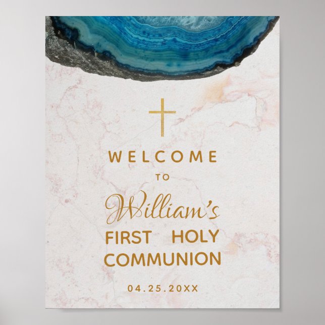 Boy First Communion Blue Geode Marble Welcome Poster (Front)