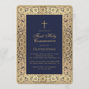 Boy First Communion Blue Gold Floral Frame Elegant Invitation