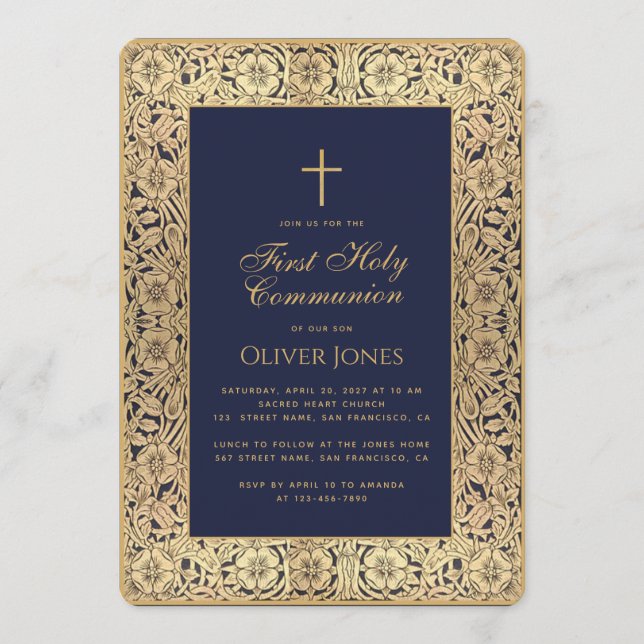 Boy First Communion Blue Gold Floral Frame Elegant Invitation (Front)