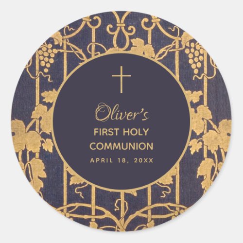 Boy First Communion Blue Gold Vintage Grape Vines Classic Round Sticker