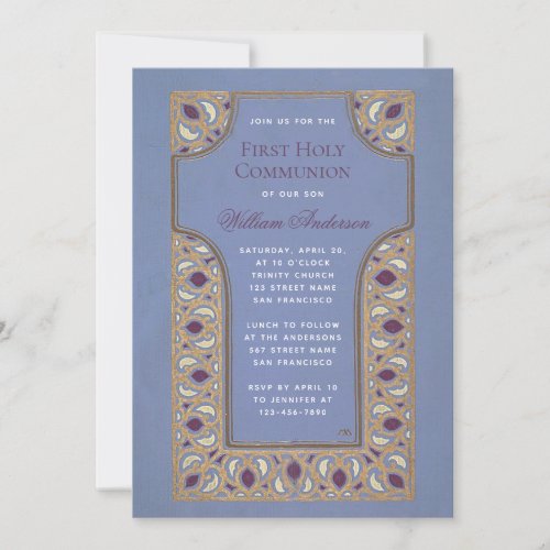 Boy First Communion Blue Vintage Cross Gold Purple Invitation