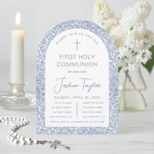 Boy First Communion Blue White Floral Pattern Arch Invitation
