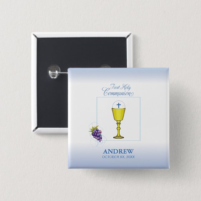 Boy First Communion, Chalice with Host and Grapes Button (Front & Back)