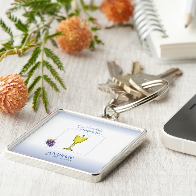 Boy First Communion, Chalice with Host and Grapes Keychain (Side)