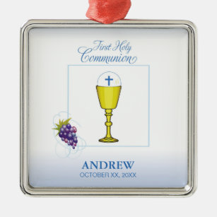 Boy First Communion, Chalice with Host and Grapes Metal Ornament