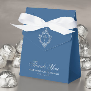 Boy First Communion Classic Blue Faux Silver Crest Favor Boxes
