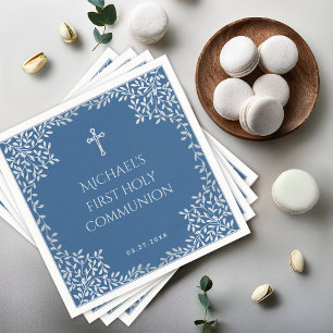 Boy First Communion Classic Blue Silver Leaves Napkins