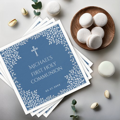 Boy First Communion Classic Blue Silver Leaves