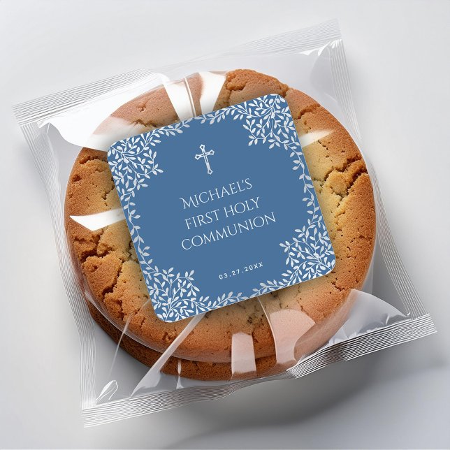 Boy First Communion Classic Blue Silver Leaves Square Sticker (Creator Uploaded)