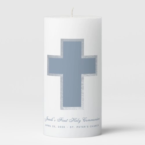 Boy First Communion Dusty Blue Cross Faux Silver Pillar Candle