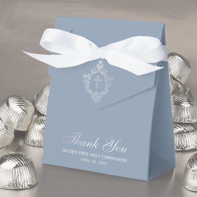 Boy First Communion Dusty Blue Faux Silver Crest Favor Boxes (Creator Uploaded)